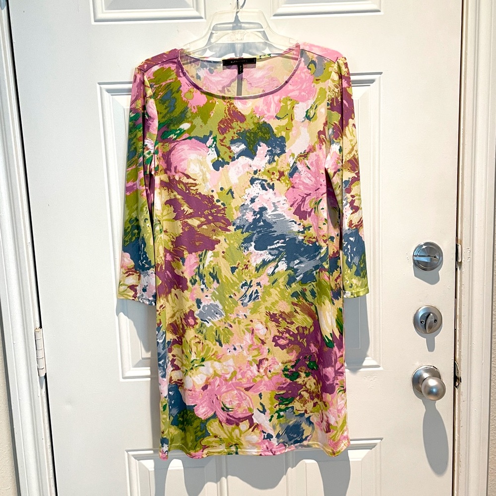 BCBGMaxAzria Floral 3/4 Sleeve Sheath Dress Size Medium Pink Green Blue Purple